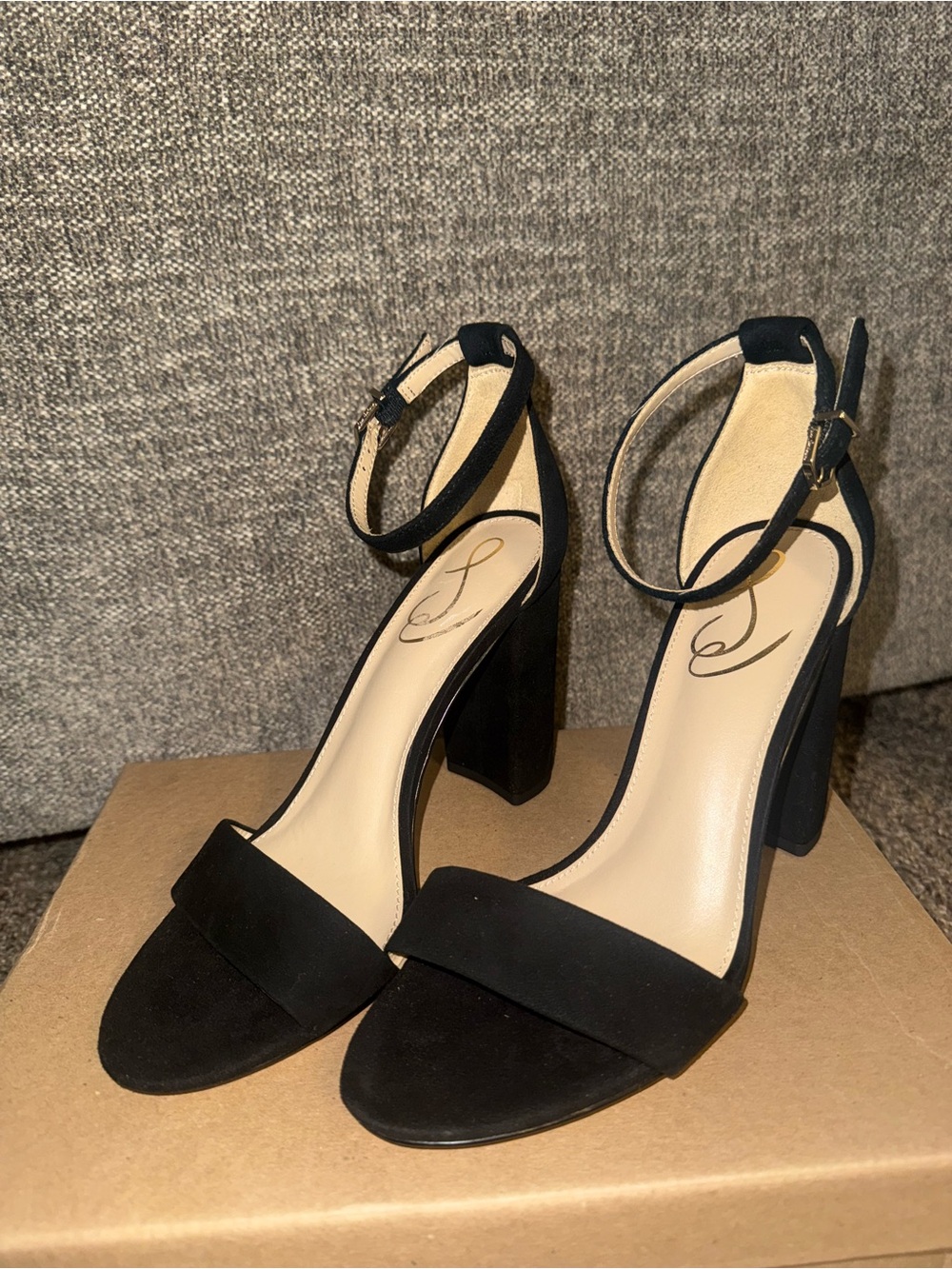 Sam Edelman Black Suede Ankle-Strap Block Heels